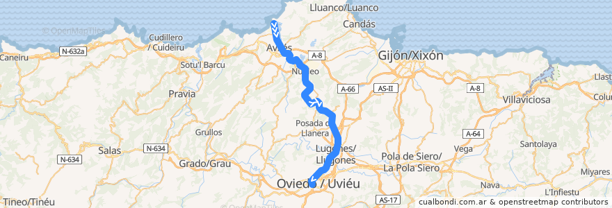 Mapa del recorrido Línea C3 - San Juan de Nieva - Oviedo de la línea  en Asturias / Asturies.