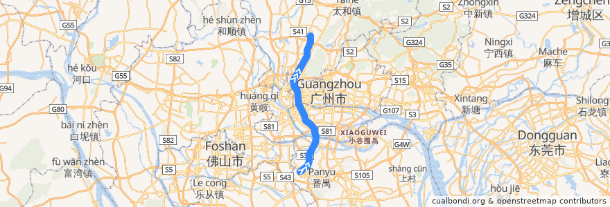 Mapa del recorrido 广州地铁2号线(广州南站——嘉禾望岗) de la línea  en Canton.