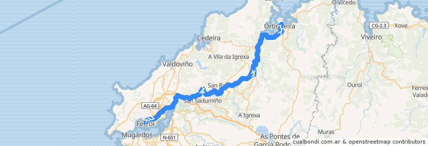 Mapa del recorrido Cercanías Ferrol - Ortigueira de la línea  en A Corogne.