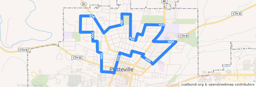 Mapa del recorrido Blue Line de la línea  en Platteville.