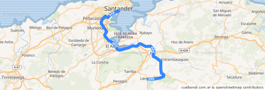 Mapa del recorrido S-2 Liérganes -Santander de la línea  en Kantabrien.