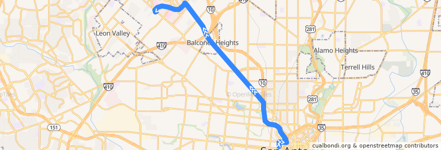 Mapa del recorrido Primo - Fredericksburg Road de la línea  en San Antonio.