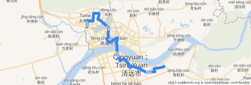 Mapa del recorrido 清远110路公交（城北客运站→洲心） de la línea  en 清远市.