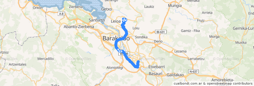 Mapa del recorrido A2312 UPV/EHU → Zabalburu de la línea  en Bizkaia.