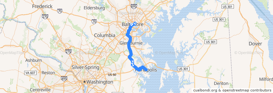 Mapa del recorrido Commuter Bus 210: Annapolis de la línea  en Anne Arundel County.