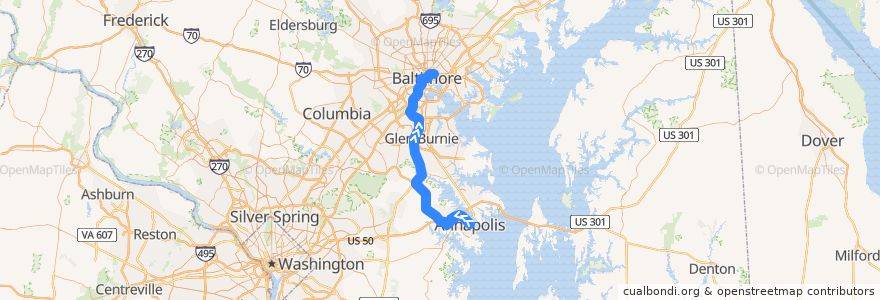 Mapa del recorrido Commuter Bus 210: Downtown Baltimore (from Annapolis) de la línea  en Maryland.