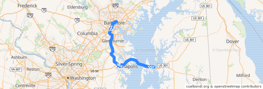 Mapa del recorrido Commuter Bus 210: Downtown Baltimore (from Kent Island) de la línea  en Maryland.