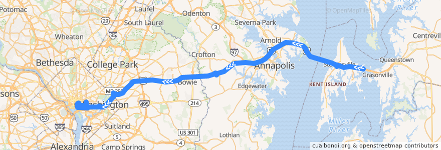 Mapa del recorrido Commuter Bus 250: Washington, D.C. de la línea  en Maryland.