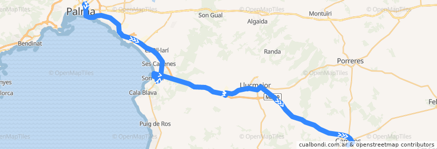 Mapa del recorrido Bus 500: Palma → s'Arenal → Llucmajor → Campos de la línea  en Illes Balears.