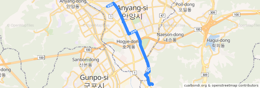 Mapa del recorrido 의왕 버스 03 → 모락산현대아파트 de la línea  en 東安区.