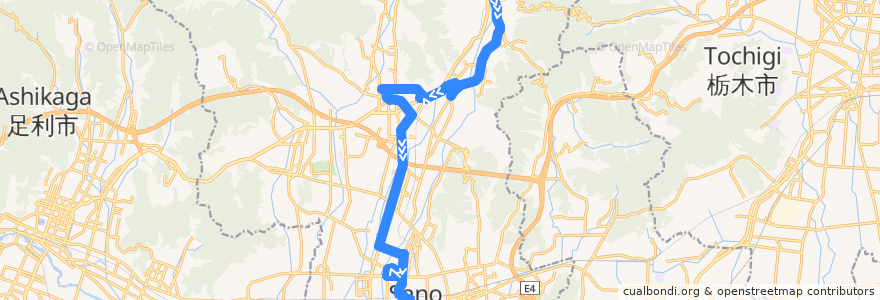 Mapa del recorrido 佐野市さーのって号田沼葛生線 葛生駅南バス回転場⇒道の駅どまんなかたぬま⇒佐野駅 de la línea  en 佐野市.