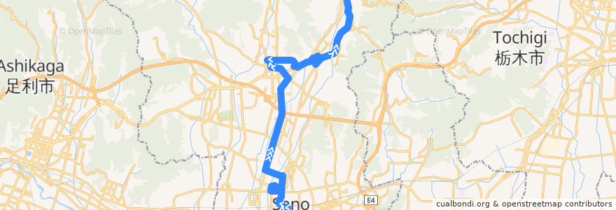 Mapa del recorrido 佐野市さーのって号田沼葛生線 佐野駅⇒道の駅どまんなかたぬま⇒葛生駅南バス回転場 de la línea  en 佐野市.