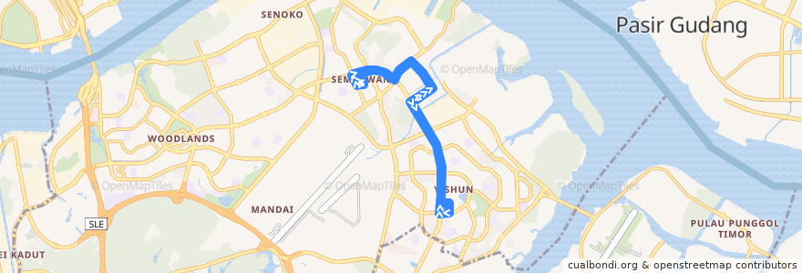 Mapa del recorrido Svc 883 (Sembawang Interchange => Sembawang Interchange) de la línea  en 西北区.