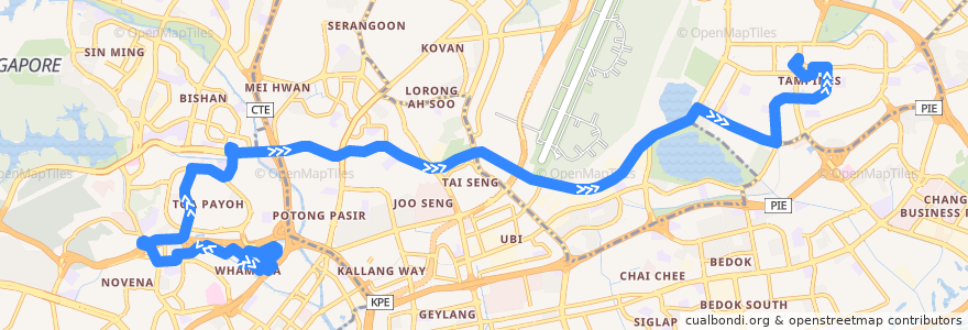 Mapa del recorrido Svc 129 (St Michaels Terminal => Tampines Concourse Interchange) de la línea  en 싱가포르.