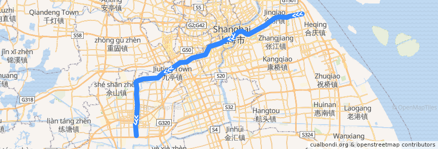 Mapa del recorrido Metro 9号线: 曹路 → 松江南站 de la línea  en Shanghai.