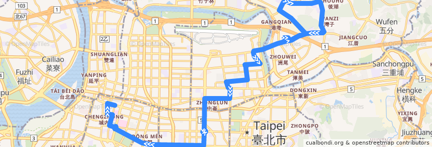 Mapa del recorrido 臺北市 0東 內湖-臺北車站 (往臺北車站不經三總) de la línea  en 臺北市.