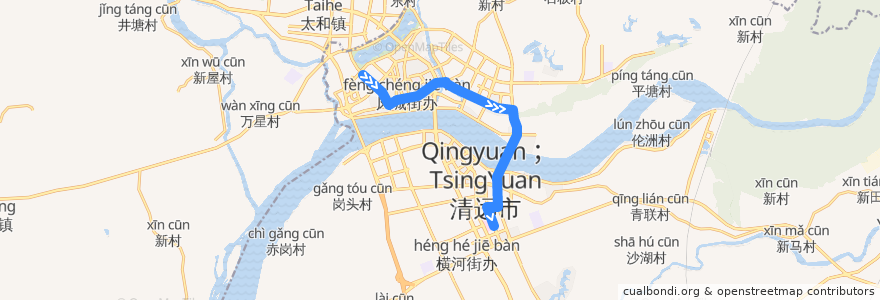 Mapa del recorrido 清远121路公交（万达广场→天湖郦都→市人民医院） de la línea  en Цинчэн.