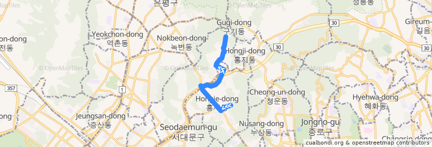 Mapa del recorrido 서대문13 de la línea  en 서대문구.