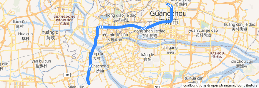 Mapa del recorrido 广州地铁1号线（广州东站→西塱） de la línea  en Guangzhou City.