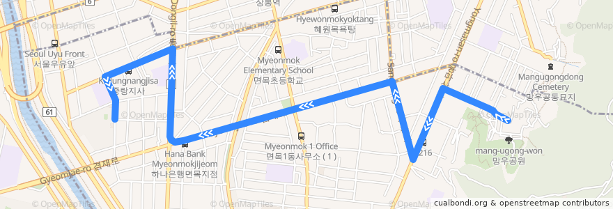 Mapa del recorrido 중랑02 de la línea  en Seul.