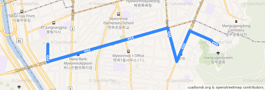 Mapa del recorrido 중랑02 de la línea  en 중랑구.