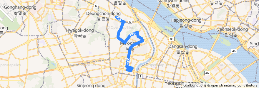 Mapa del recorrido 양천02 de la línea  en 陽川区.