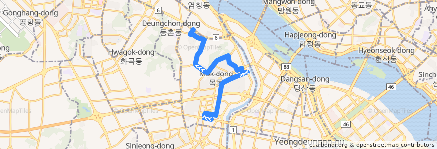 Mapa del recorrido 양천02 de la línea  en 陽川區.