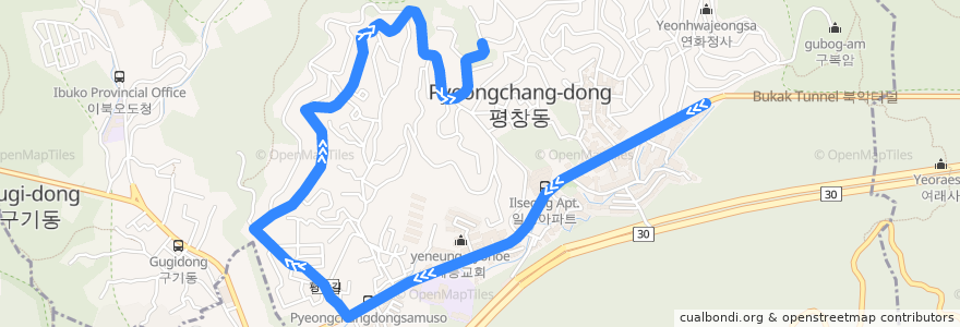 Mapa del recorrido 종로06 de la línea  en 평창동.