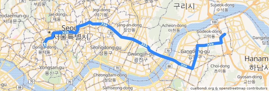 Mapa del recorrido N30 (강동공영차고지 방면) de la línea  en Seúl.