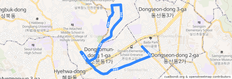 Mapa del recorrido 성북01 de la línea  en 성북구.