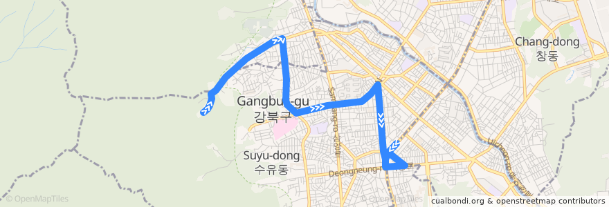 Mapa del recorrido 강북01 de la línea  en 江北区.