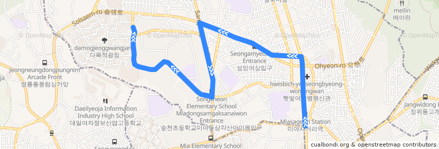 Mapa del recorrido 강북08 de la línea  en 강북구.