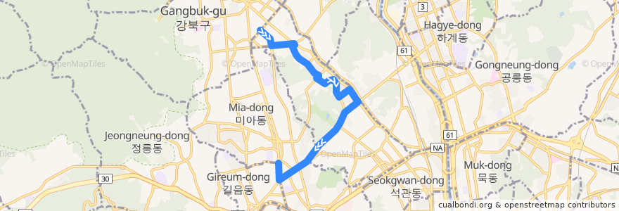 Mapa del recorrido 강북09 de la línea  en 서울특별시.