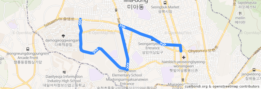 Mapa del recorrido 강북12 de la línea  en 강북구.