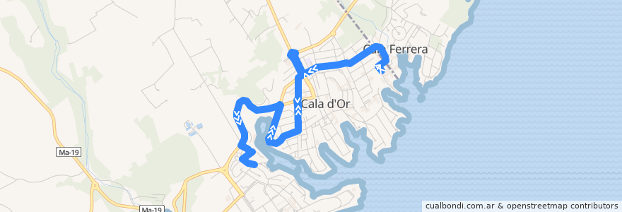 Mapa del recorrido Cala d'Or Express: Cala Ferrera → Cala d'Or → Cala Llonga de la línea  en Migjorn.