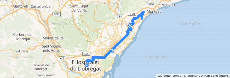 Mapa del recorrido N2 L'Hospitalet de L. => Pl. Catalunya => Badalona de la línea  en بارسلونس.