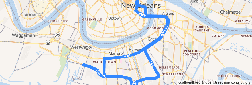 Mapa del recorrido JeT WSL Westbank Sunday Loop de la línea  en Louisiana.
