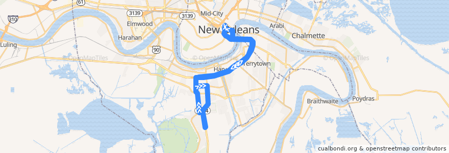 Mapa del recorrido JeT W2 Westbank Expressway de la línea  en Louisiana.