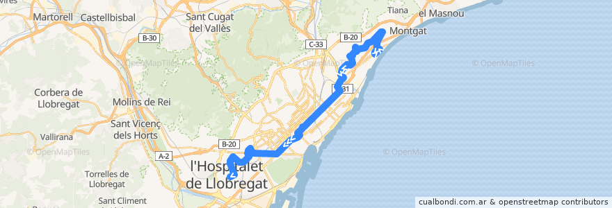 Mapa del recorrido N2 Badalona => Pl Catalunya => L'Hospitalet de Ll de la línea  en Barcelonès.