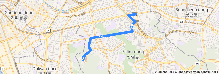 Mapa del recorrido 관악10 (신림역 방면) de la línea  en 관악구.