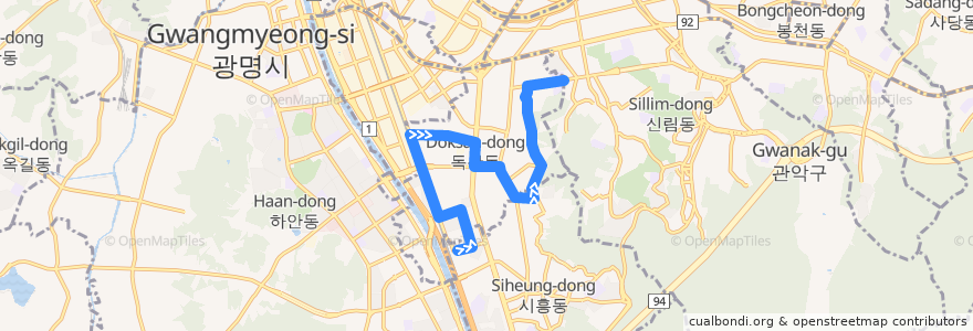 Mapa del recorrido 서울 버스 금천08 de la línea  en 衿川區.