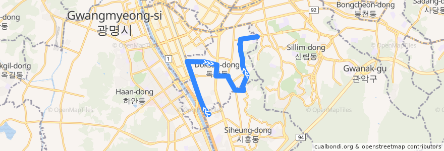 Mapa del recorrido 서울 버스 금천08 de la línea  en 금천구.