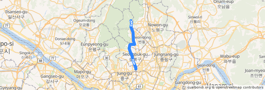 Mapa del recorrido 서울 경전철 우이신설선: 북한산우이 → 신설동 de la línea  en Сеул.