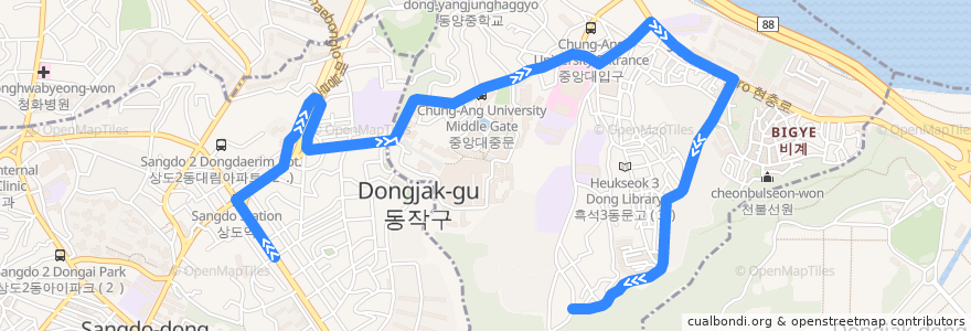 Mapa del recorrido 동작21 de la línea  en Dongjak-gu.