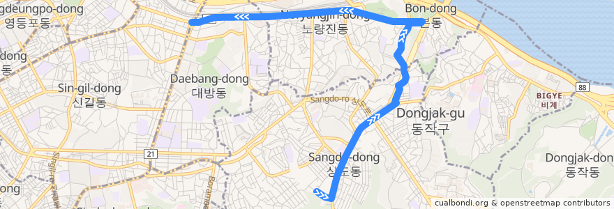 Mapa del recorrido 동작08 (대방역 방면) de la línea  en Seul.