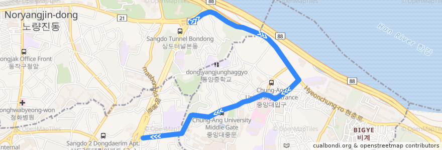 Mapa del recorrido 동작10 de la línea  en 서울특별시.