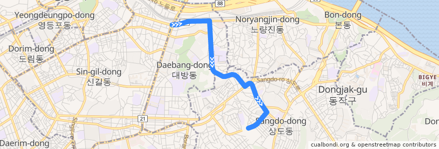 Mapa del recorrido 동작12 de la línea  en Dongjak-gu.