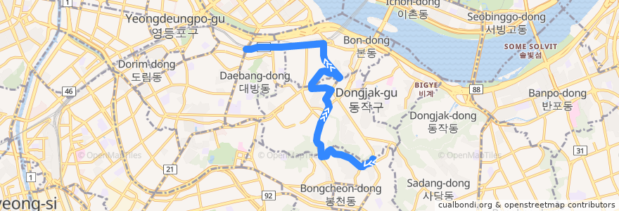 Mapa del recorrido 동작13 de la línea  en 동작구.