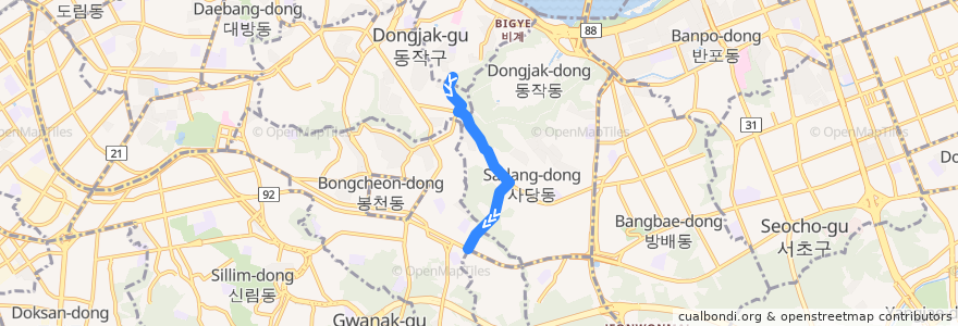 Mapa del recorrido 동작14 (사랑의병원(낙성대역) 방면) de la línea  en سول.