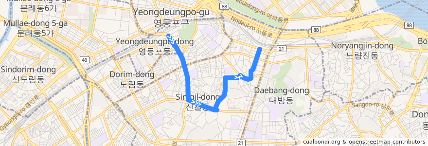 Mapa del recorrido 영등포06 de la línea  en 영등포구.